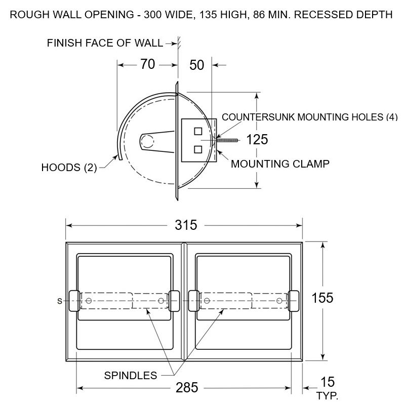 stainless steel recessed double toilet roll holder