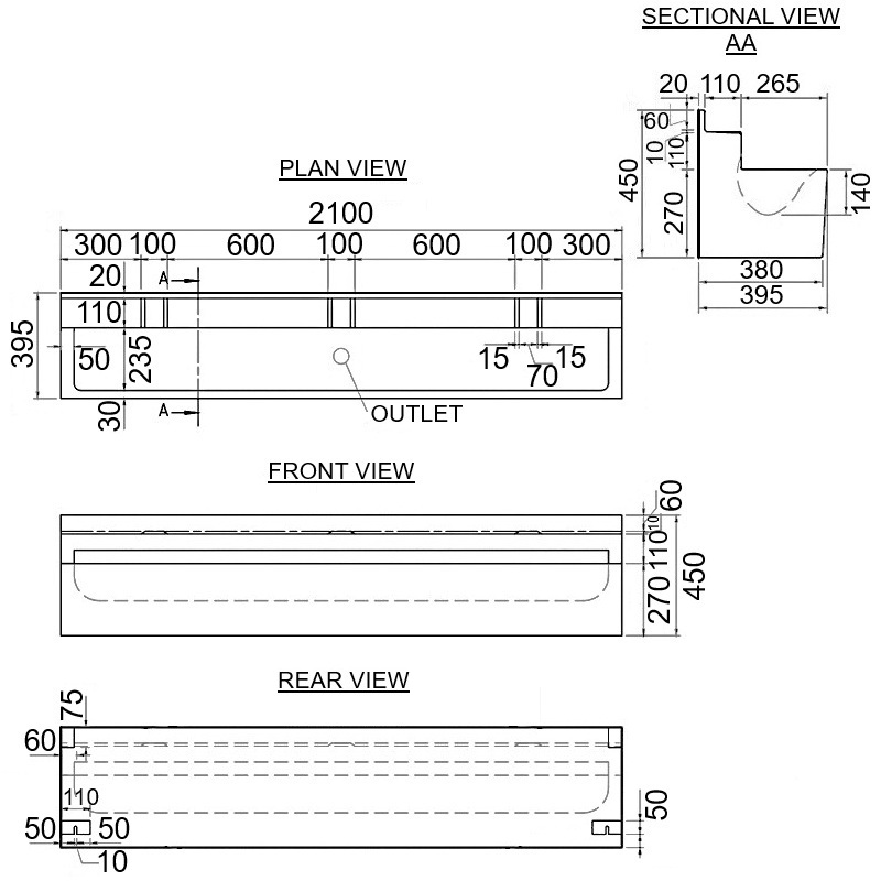 2100mm long GRP wash trough