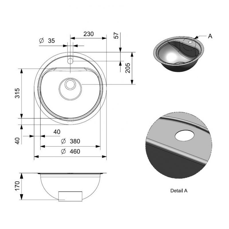 inset stainless steel no overflow sink with single 35mm tap hole
