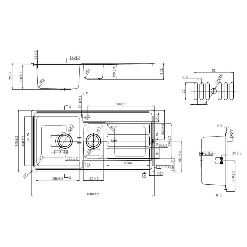 stainless steel 1.5 bowl and drainer kitchen sink, inset design